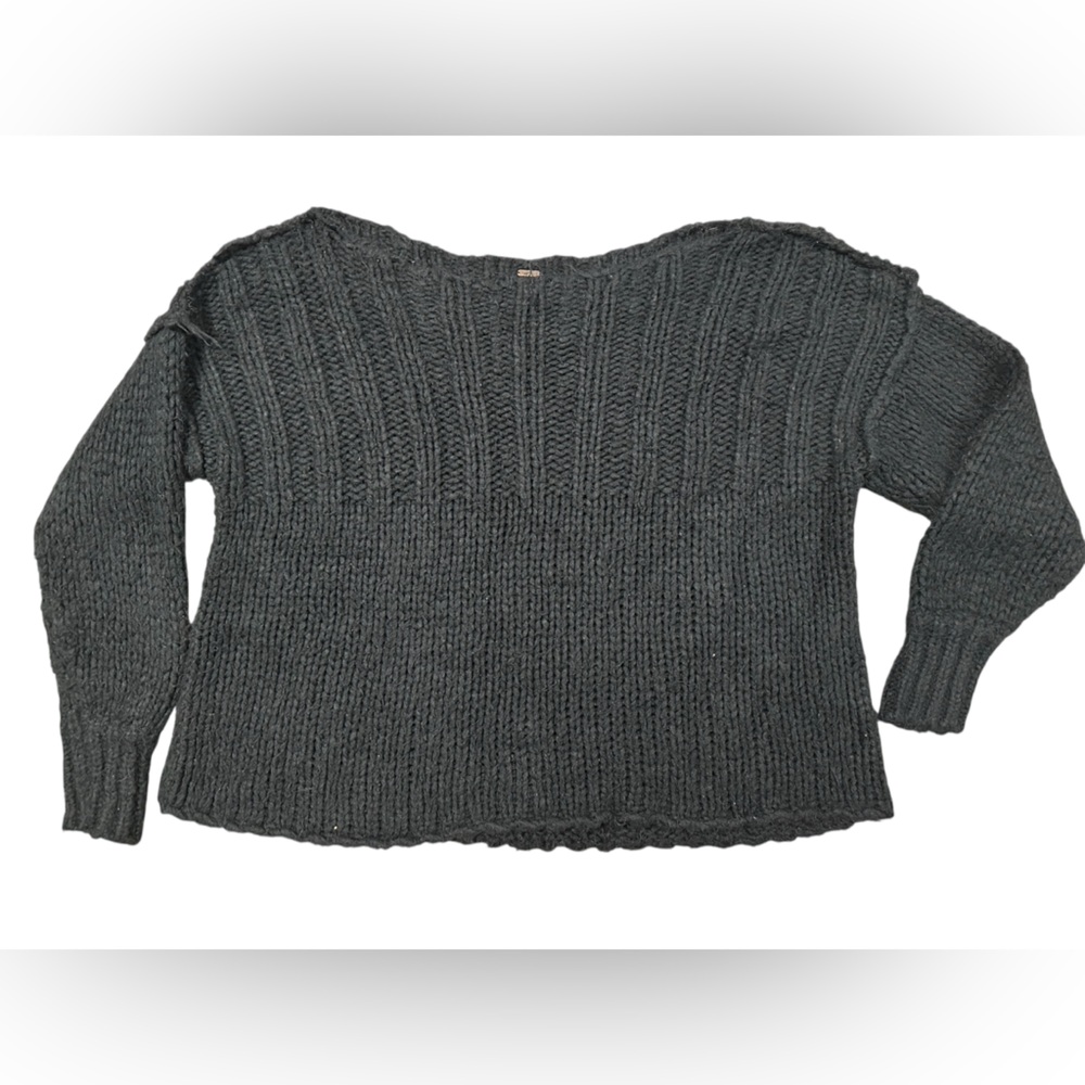 Free People Off the Shoulder Black Textured Knit Sweater- Oversized Medium